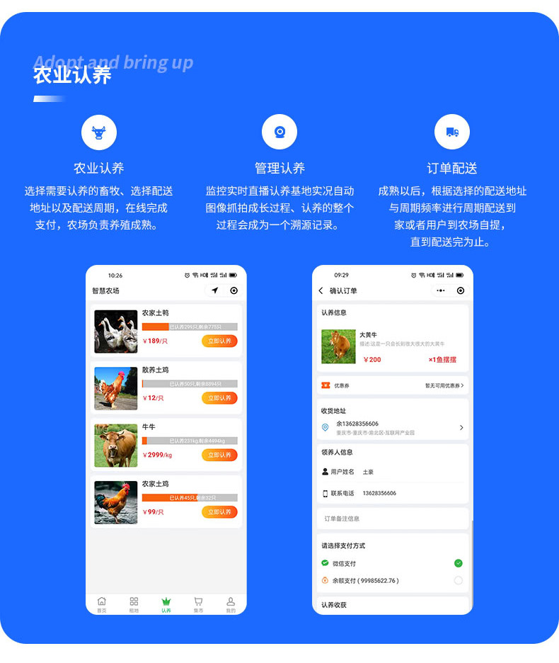 選擇需要認養的畜牧、選擇配送 地址以及配送周期，在線完成 支付，農場負責養殖成熟。